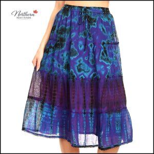 Tie Dye Boho Skirt Elastic Waist Adjustable Embroidery Lace Trim